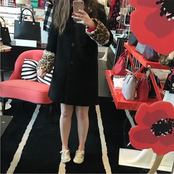 Kate Spade Leopard Cuff Boucle Faux Fur Jewel Button Coat 2 - Picture 8 of 16